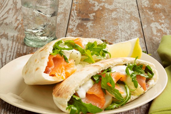 Smoked Salmon, Potato Salad & Mustard Cream Cheese Pitas