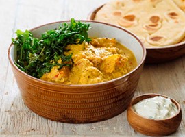 Pumpkin Curry with Fried Rocket, Raita and Naan