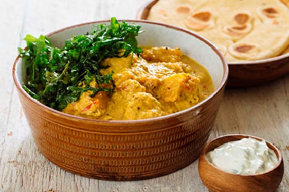 Pumpkin Curry with Fried Rocket, Raita and Naan