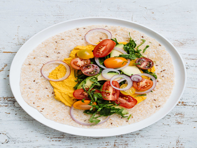 Roast Carrot Hummus & Avocado Wrap