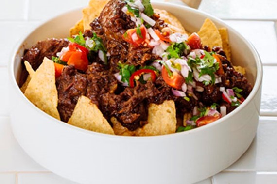 Corn Chips with Braised Oxtail with Coriander Salsa